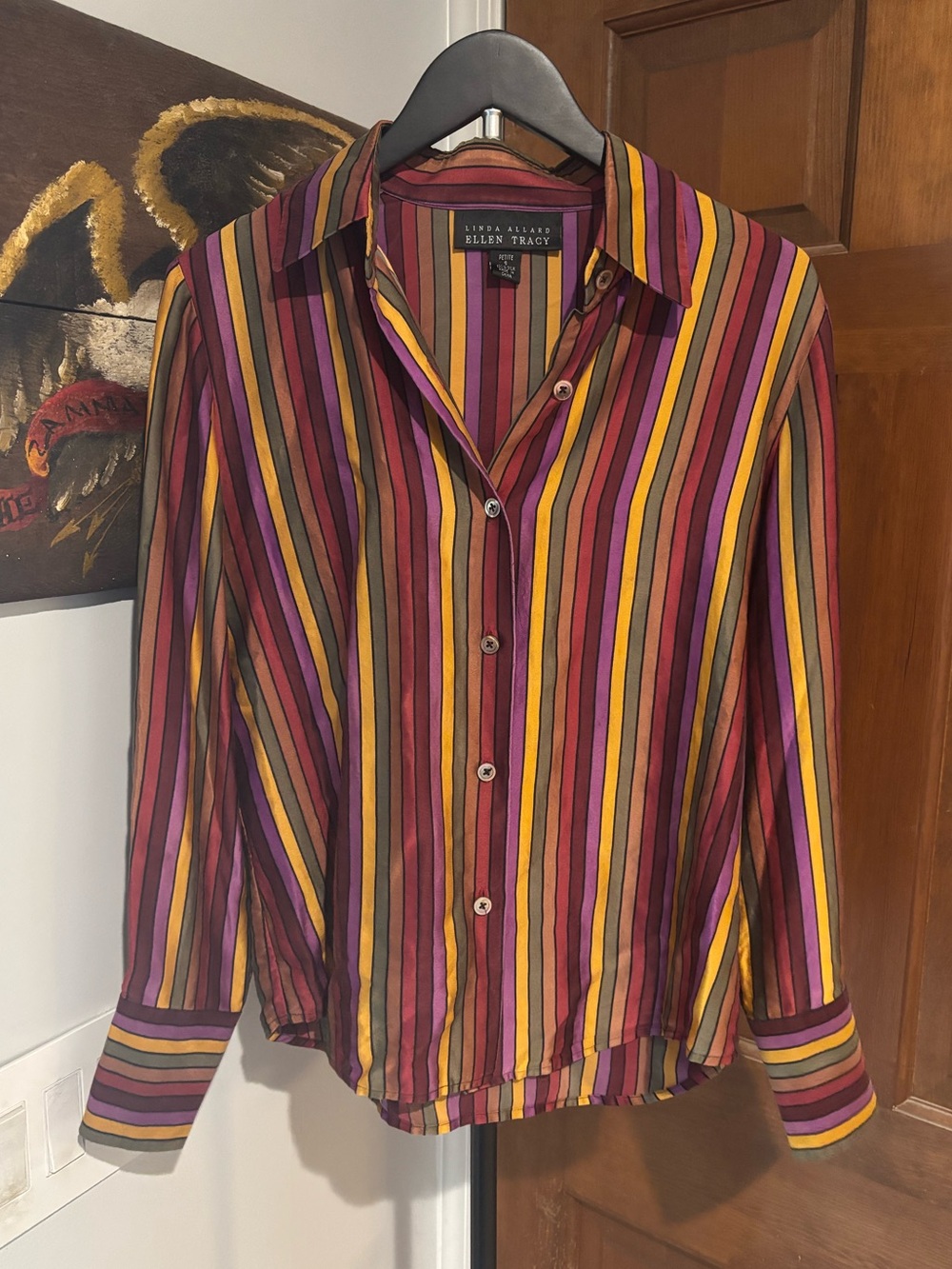 100% Silk Ellen Tracy Women’s Medium Long-Sleeve Maroon Striped Button-Up Shirt